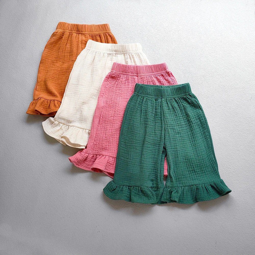 Children's Clothing Girls Cotton Ruffled Flared Pants Summer Solid Color Casual Shorts Kids Baby Girls Loose Ankle-Length Pants