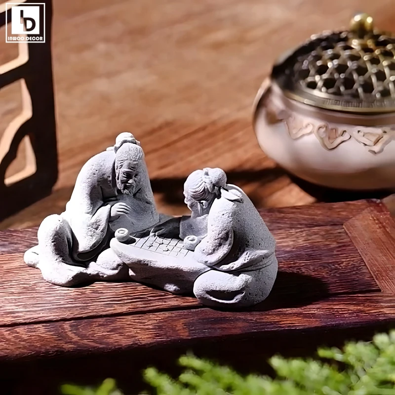 Miniature Zen Fisherman Play Chess Elder Sand Stones Figurine Garden Bonsai Rockery Acquari Ornamenti Lanscape Room Decoration