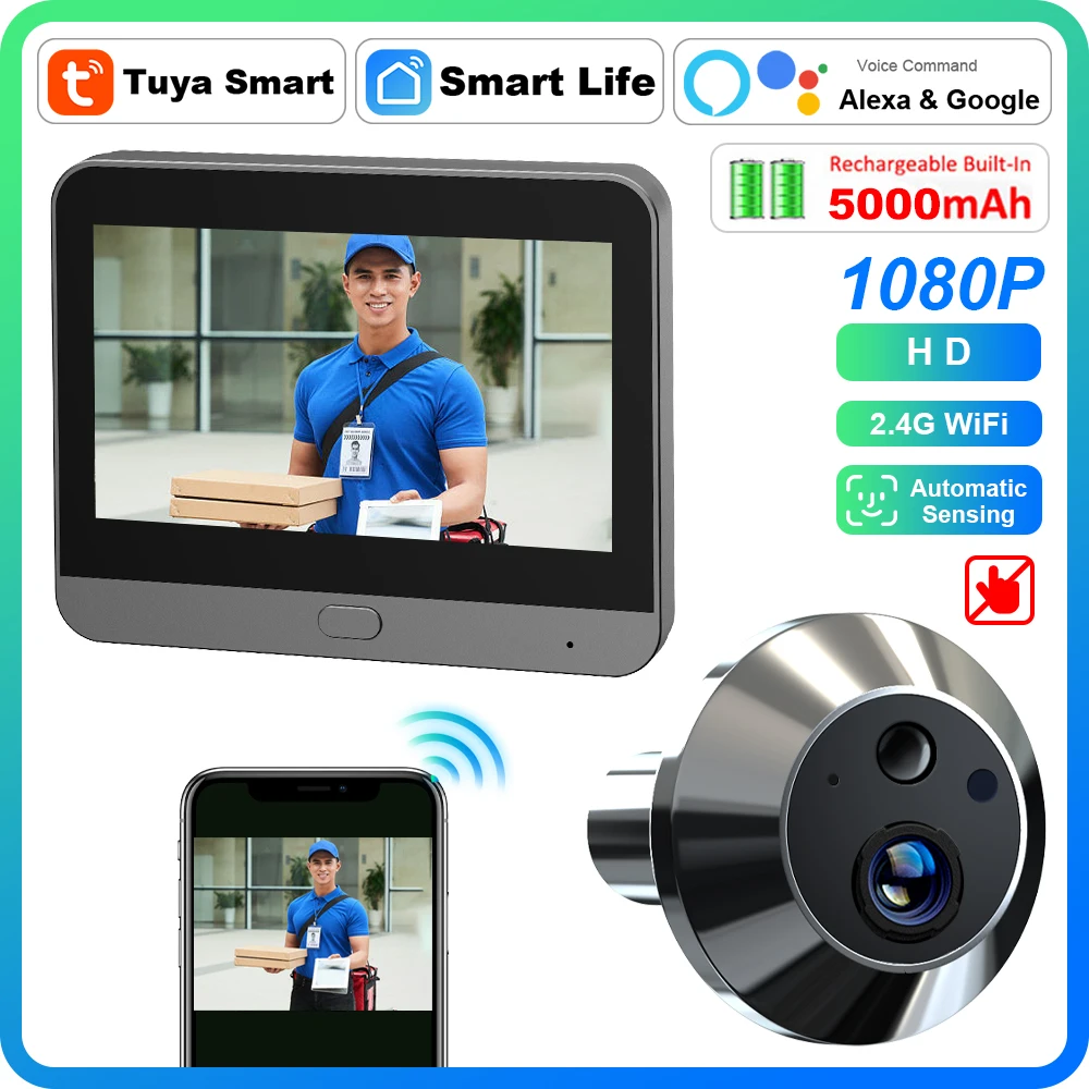 

1080P Smart Tuya Doorbell Wireless 5000mAh Battery Automatic Sensing Magic Eye Door Camera Alexa Google 2.4G WiFi Door Camera