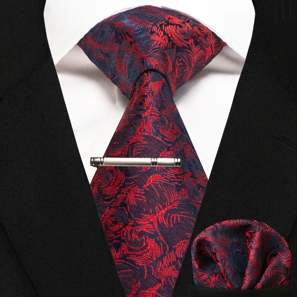JEMYGINS Business Tie for Men Silk Navy Blue Tie Striped Paisley Necktie Handkerchief Tie Clips Set for Wedding Party Gift