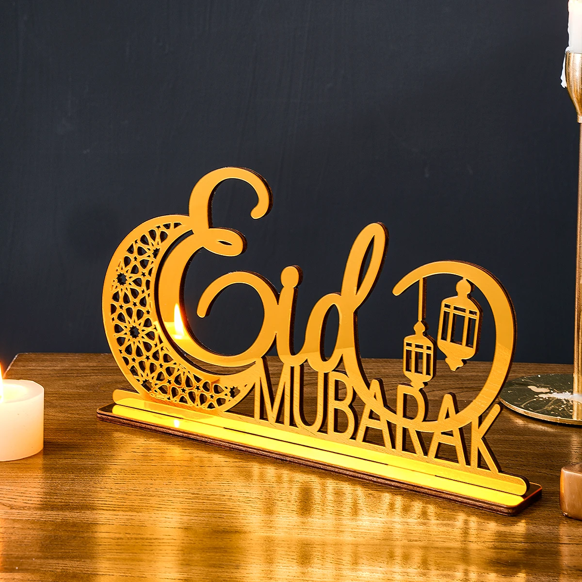 1PC, creative Moon EIDmubarak letter decorative ornament, wooden Ramadan festival celebration letter decorative handicraft