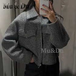 Mu&Du 2023 Autumn Winter Vintage Women Solid Lapel Long Sleeve Zip Pocket Short Jacket Female Casual Loose Street Coats Outwear