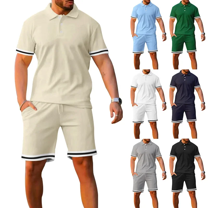 

Однотонная футболка с отложным воротником и короткими рукавами, шорты, свободный спортивный Модный повседневный мужской костюм, лето