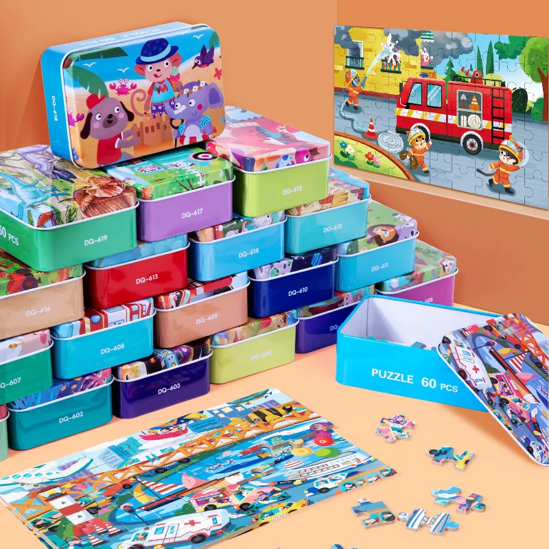 

60Pcs Kids Cartoon Jigsaw Puzzles Kindergarten Boys Girls Early Education Animals Transportation Toddler Toys with Iron Box