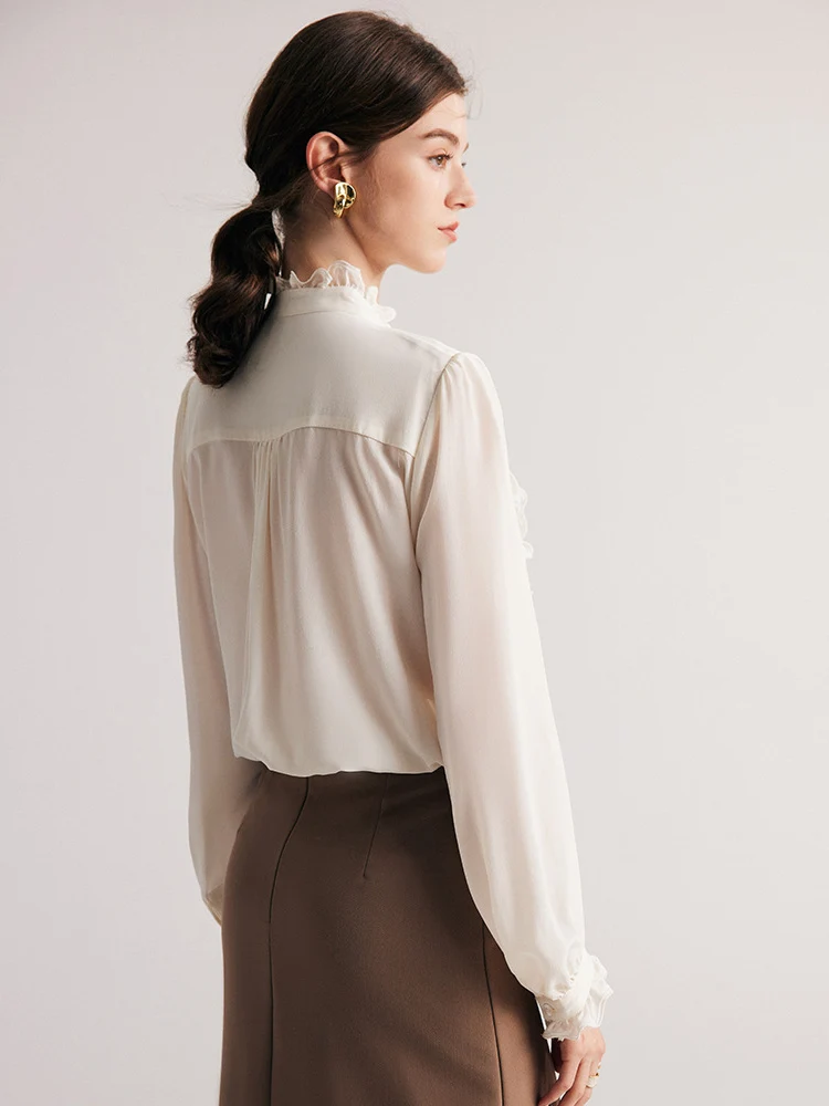 SuyaDream, Woman White Shirts, 100%Mulberry Silk, Stand Collar