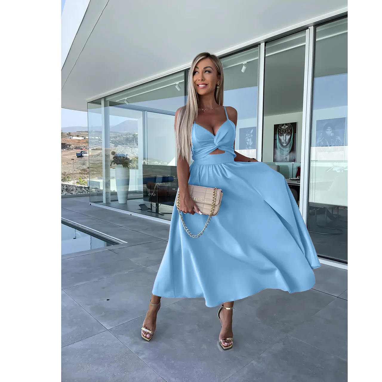 

2023 Summer New Sexy Backless Split Women's Dress Solid Color Suspender Long Dress Slim High Waist Split Sexy Women's vestidos
