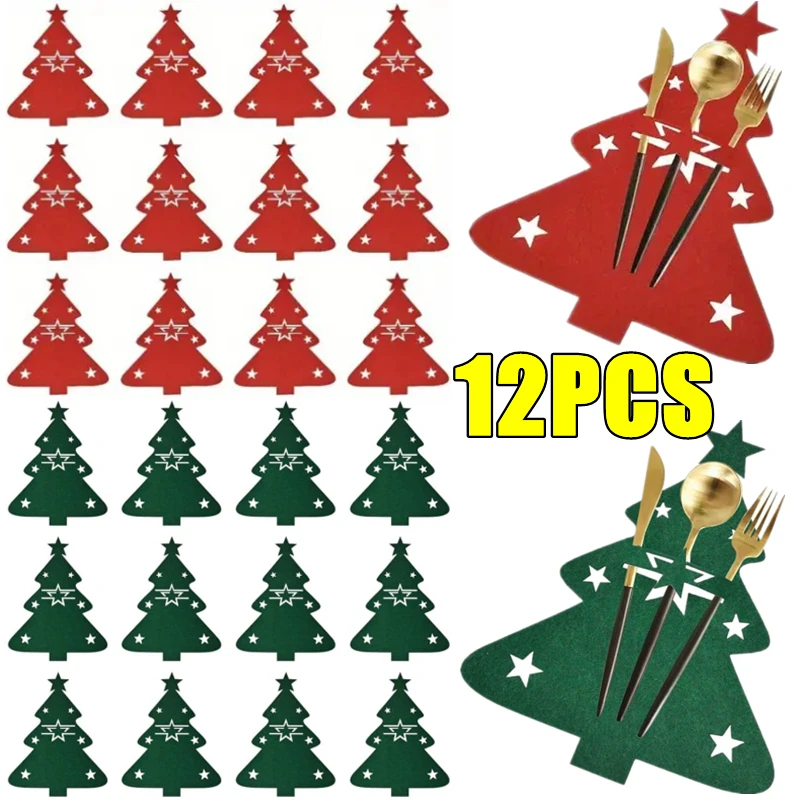 12-1PC Felt Christmas Tree Cutlery Rack Fork Spoon Bag Christmas Table Decoration Cutlery Bag Xmas Party Festival Table Ornament Christmas Decorations