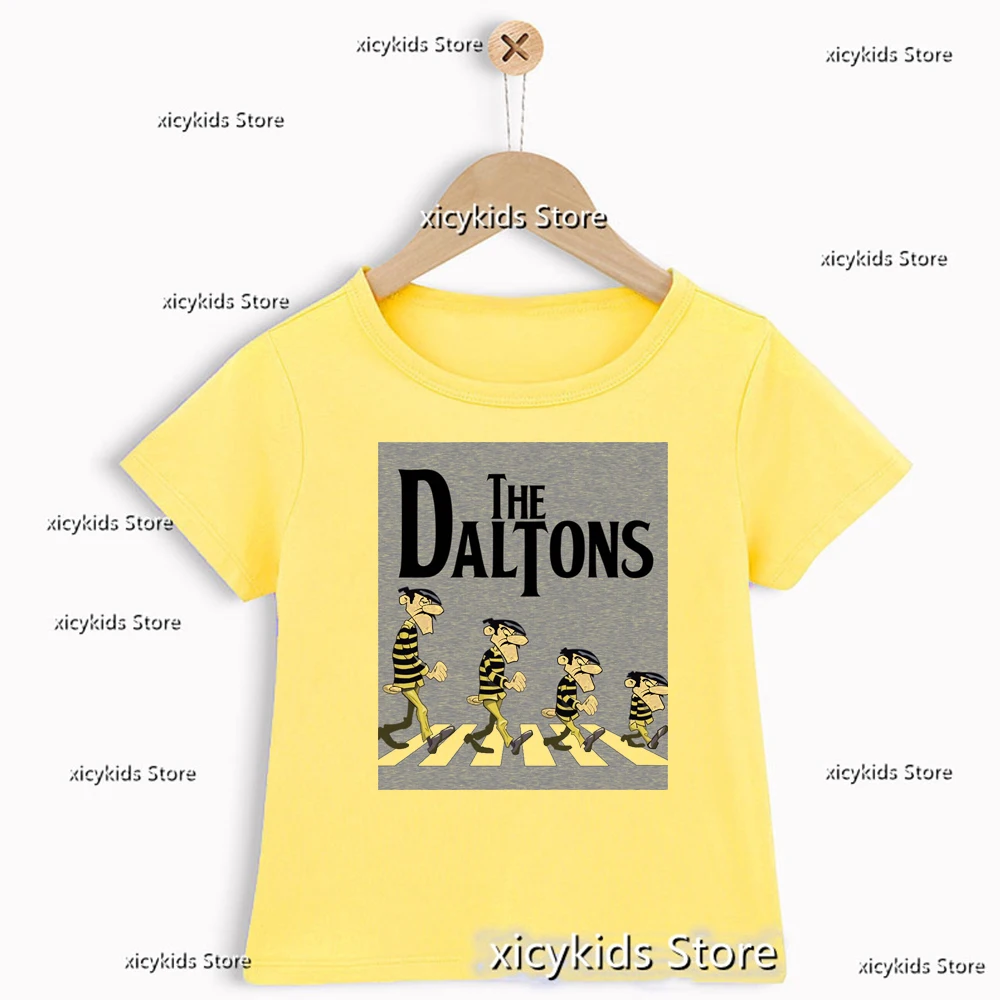 

Модная новая футболка для мальчиков, Забавная детская футболка с принтом Daltons, милая одежда унисекс для мальчиков и девочек, желтая рубашка с круглым вырезом, Топ