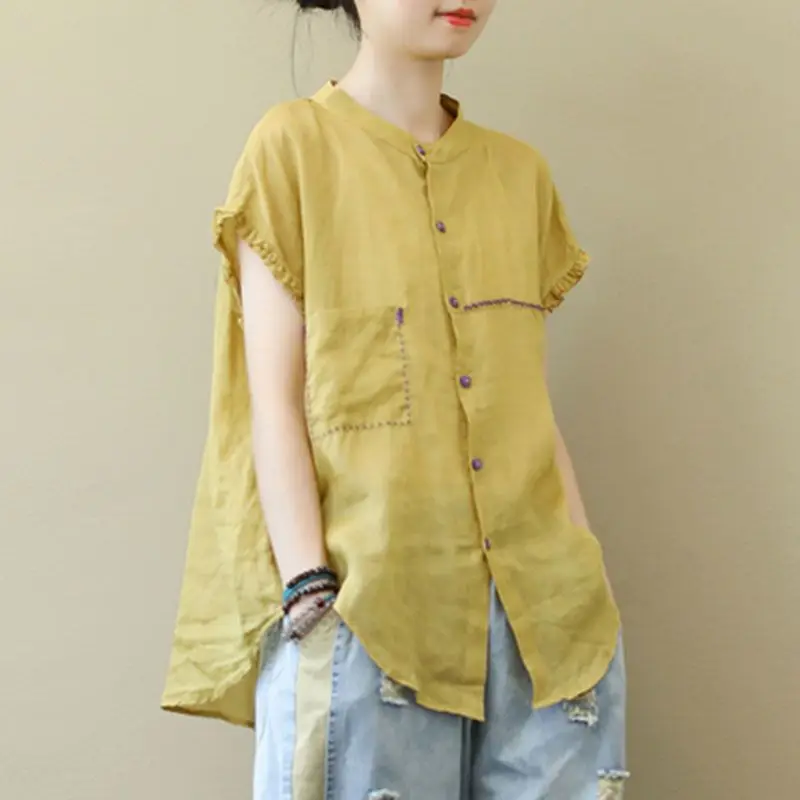 

Cotton Linen Shirts Women Oversized Loose Short Sleeve Shirt Korean Solid Color Standing Collar Blouse Summer Trend Thin Shirt