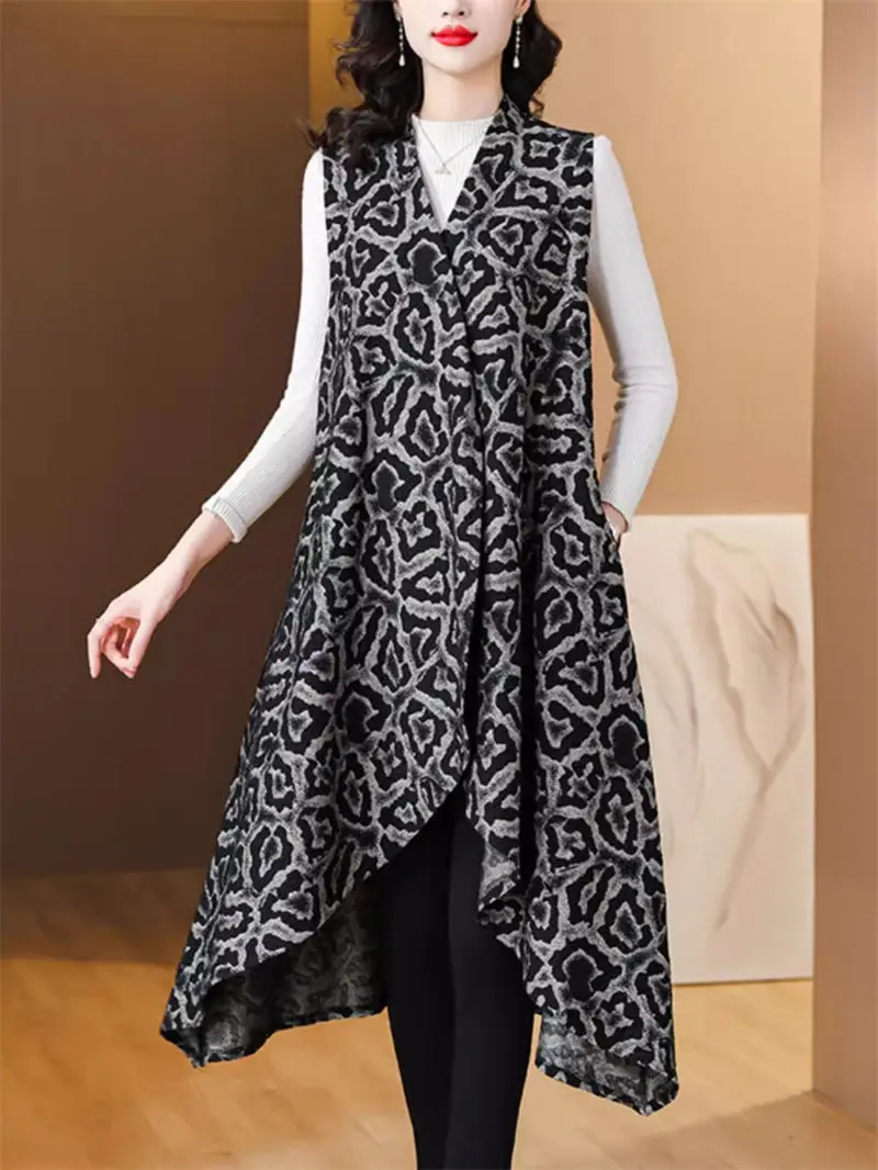 

Oversized Women's Sweater Vest Jacket 2023 Autumn/Winter New Lady's Fashionable Mid Length Printed Knitted Cardigan Coat Z3589