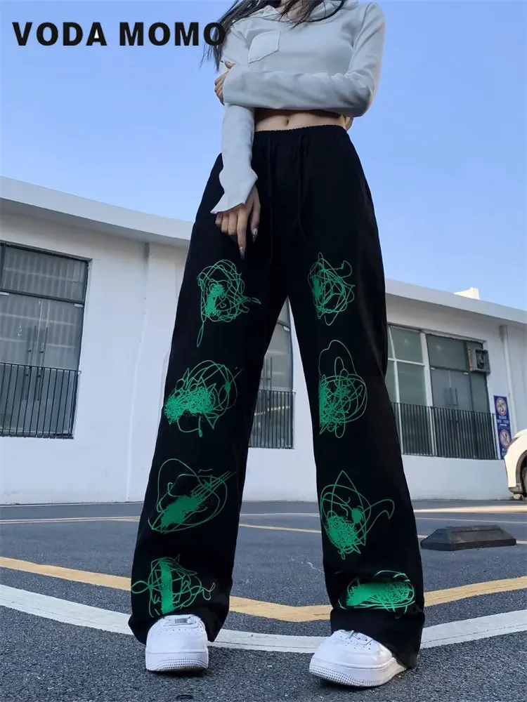 Coreano Harajuku Lady Graffiti Printing Draw String Empire Pants Gothic Long Straight Pant Streetwear Hip-Hop Sense Of Design