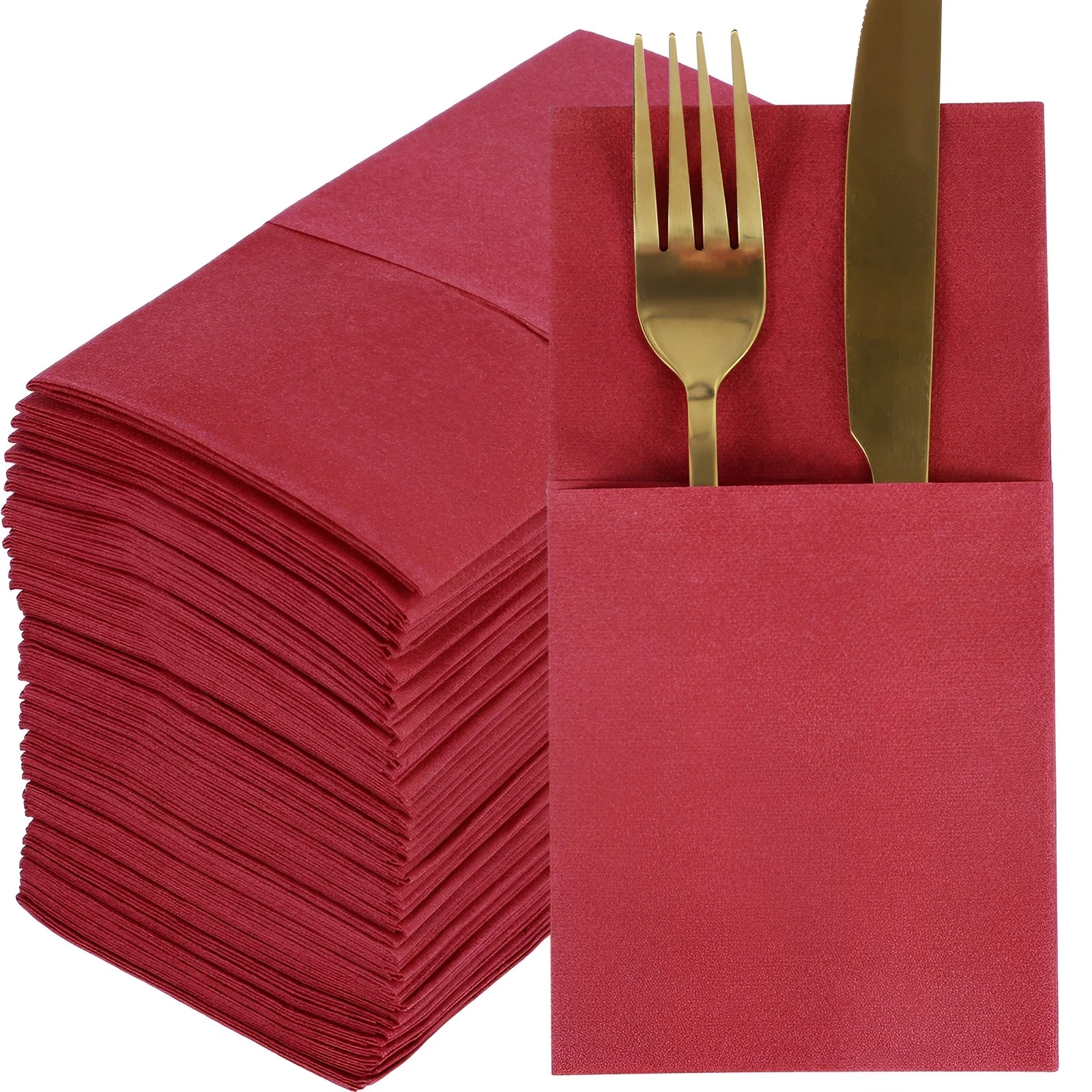 50Pcs Table Dinner Napkins White Dinner Napkins with Built-in Flatware Pocket Prefolded Cloth Like Hand Towels Reusable Burgundy