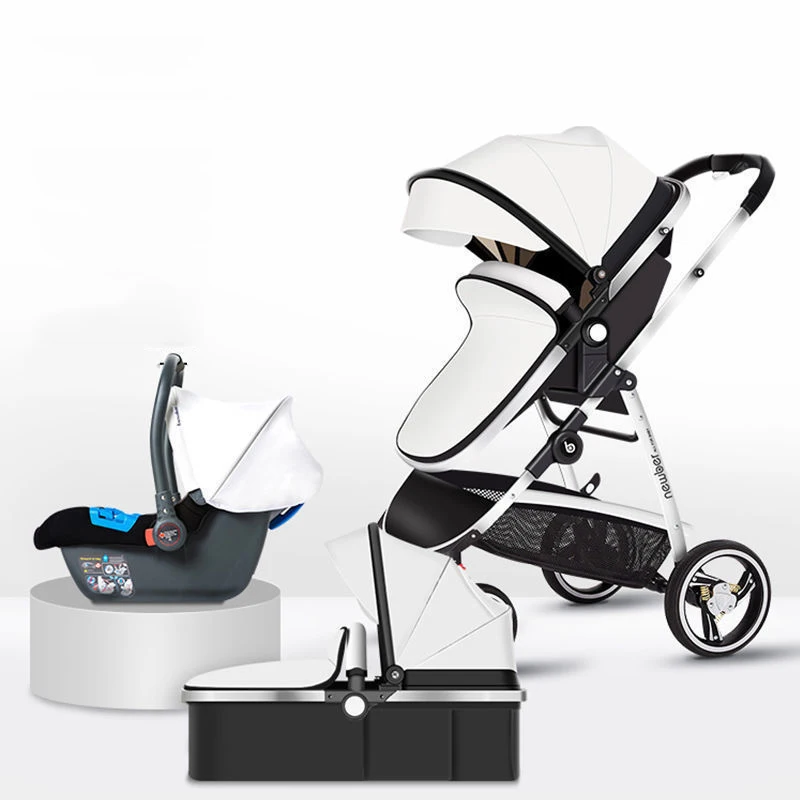 BabyStroller3In1WhitePUleatherstrollerBabyCarriagewithCar