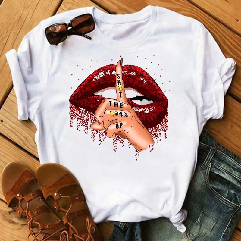 Women Summer Short Sleeve Tshirts Fashion Red Lips Finger Print Ladies T-shirts Top Cartoon Womens Graphic Tees T-Shirts Sb89f610caf304daca9c7ef4e1820f6ad9