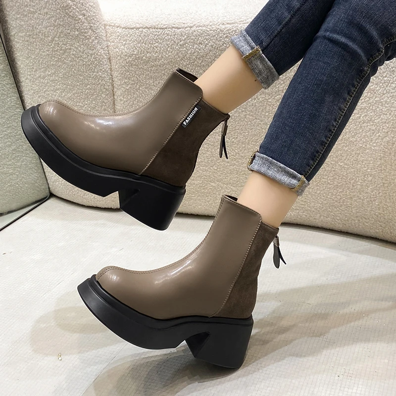 Ladies Shoes 2023 High Quality Zipper Women's Boots Winter Round Toe Mixed Colors Short Barrel Chunky Heel Fashion Boots Zapatos