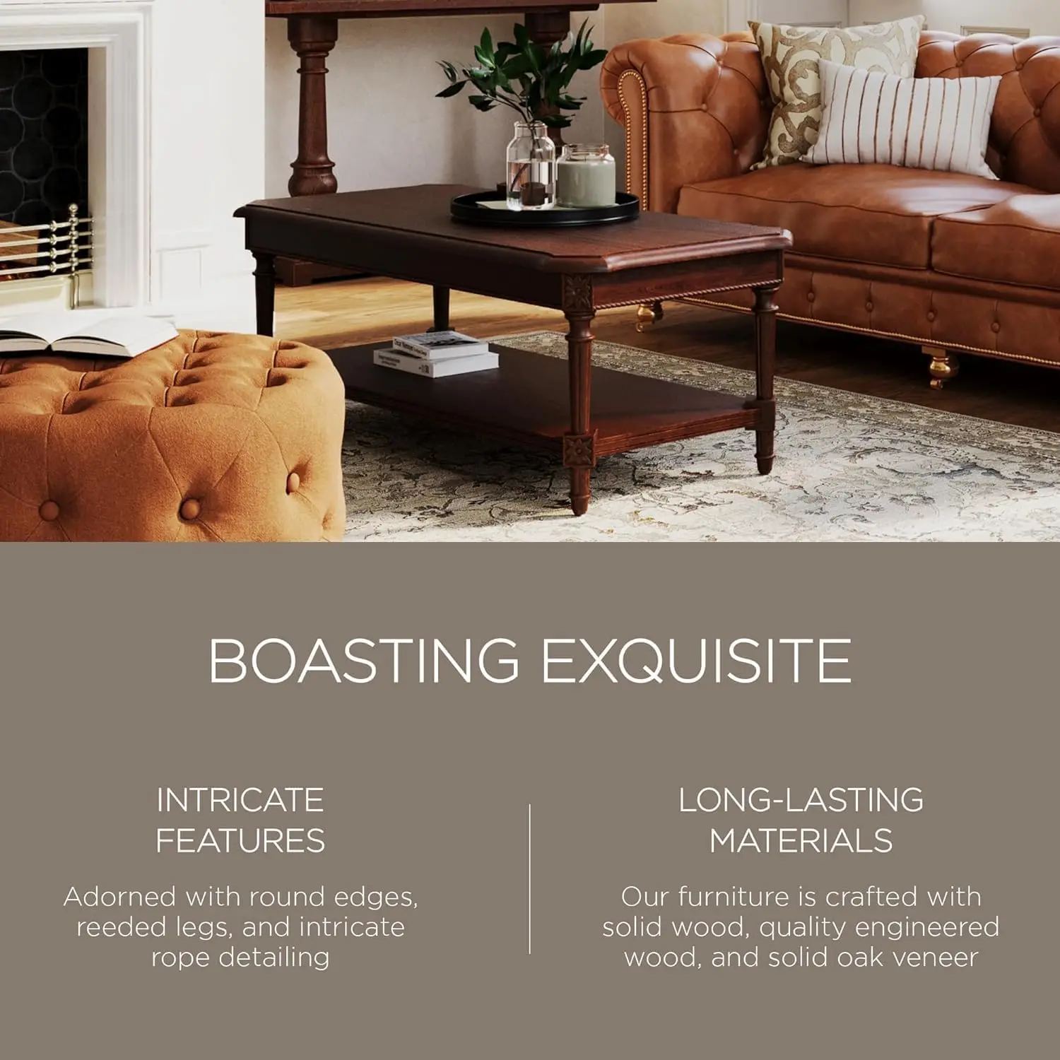 Pullman Large Rectangular Wooden Coffee Table in Antiqued Brown 2 Tier Traditional Center Shelf Storage Rustic Finish