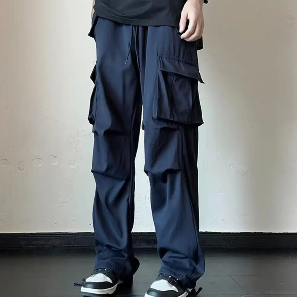 

Durable Pocket Seams Cargo Trousers Streetwear Men's Cargo Pants Elastic Waist Multi Pockets Hip Hop Style Trousers for Casual
