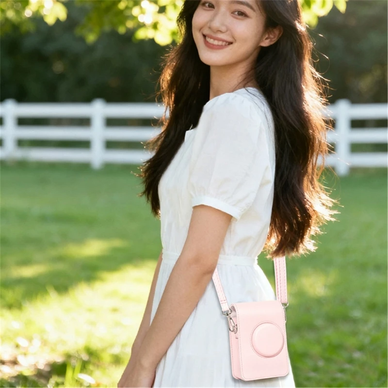 Waterproof Pink PU Leather Crossbody Camera Case with Adjustable Strap