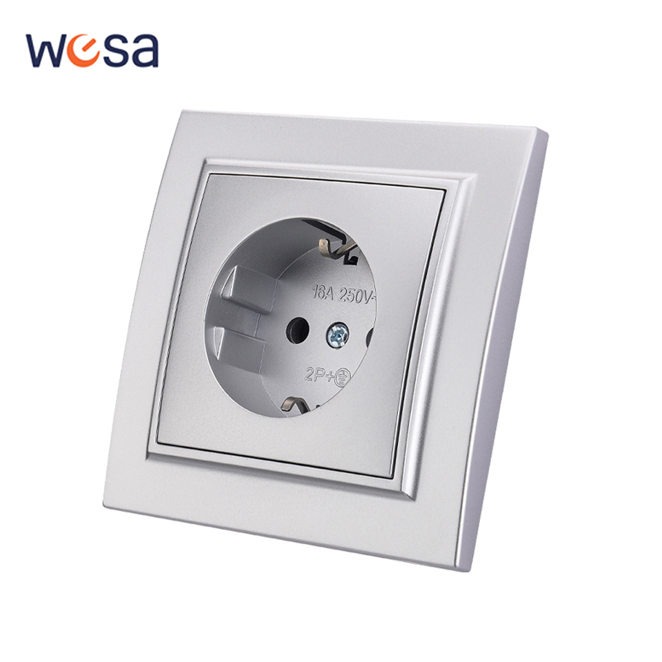 Silvery Classic 250V Plugs Socket Electrical Outlets Wall Embedded AC With Ground EU Standard Power Sockets Flame Retardant 250V