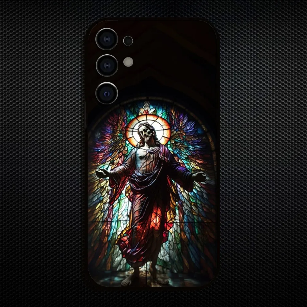 Classic Stained Glass Jesus Christ Phone Case - Elegant Black Cover