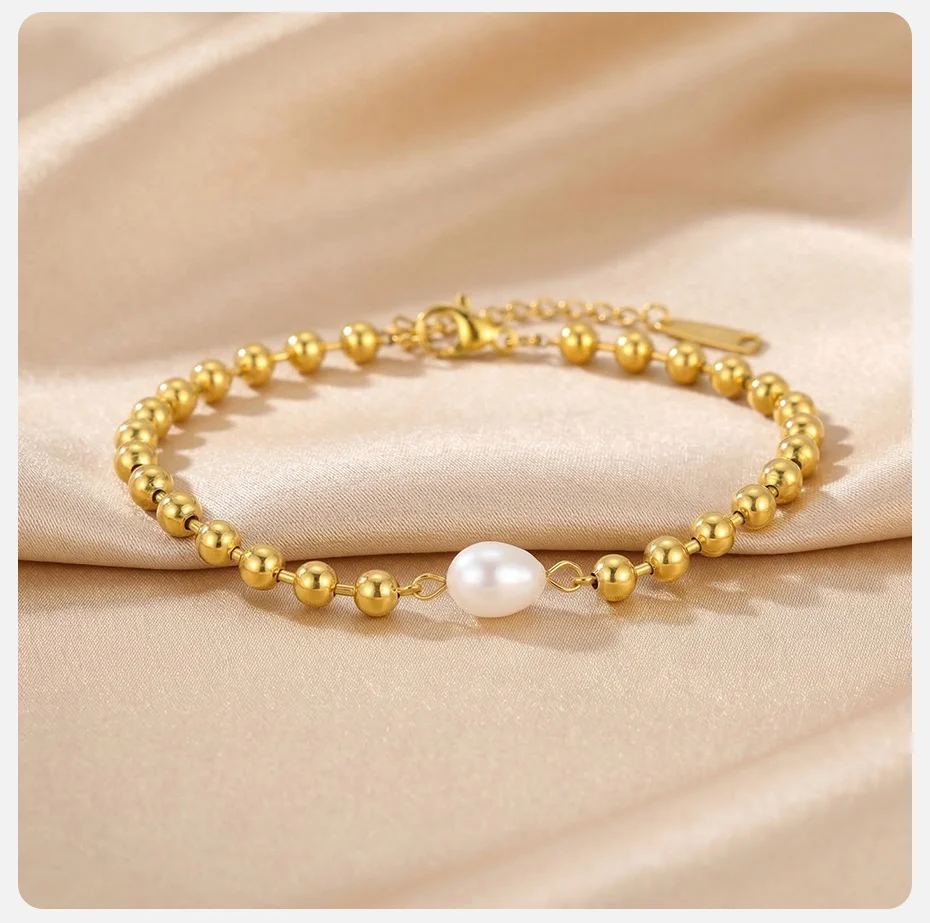 Vnox Trendiges Edelstahl-Armband mit Imitationsperlen für Damen, vergoldete, glatte Perlenketten, wasserdichter Schmuck – Detail 7