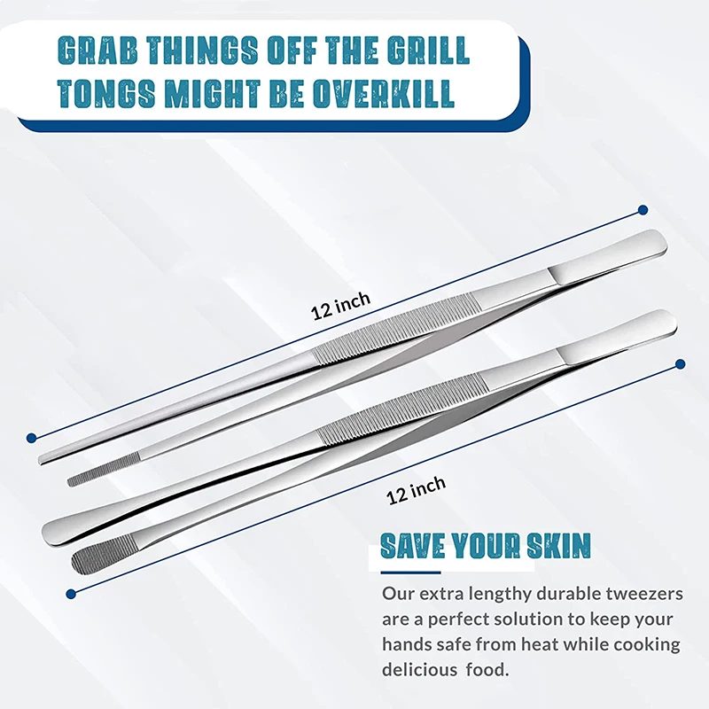 2Pcs 12-Inch Stainless Steel Kitchen Cooking Tongs for Beauty Repairing Pet Feeding BBQ Arts Crafts Food Styling