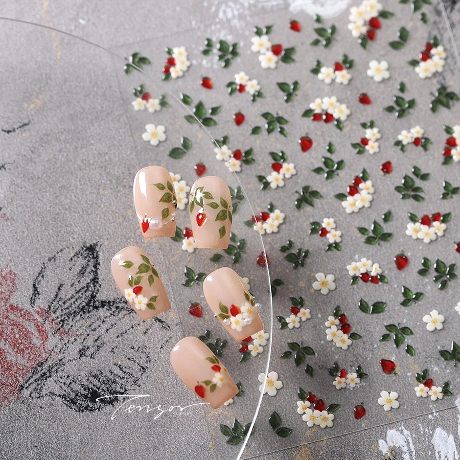 1개 5D 젤리 화이트 릴리 레드 스트로베리 네일 아트 스티커 모란 장미 동백 엠보싱 네일 데칼 섬세한 네일 아트 장식