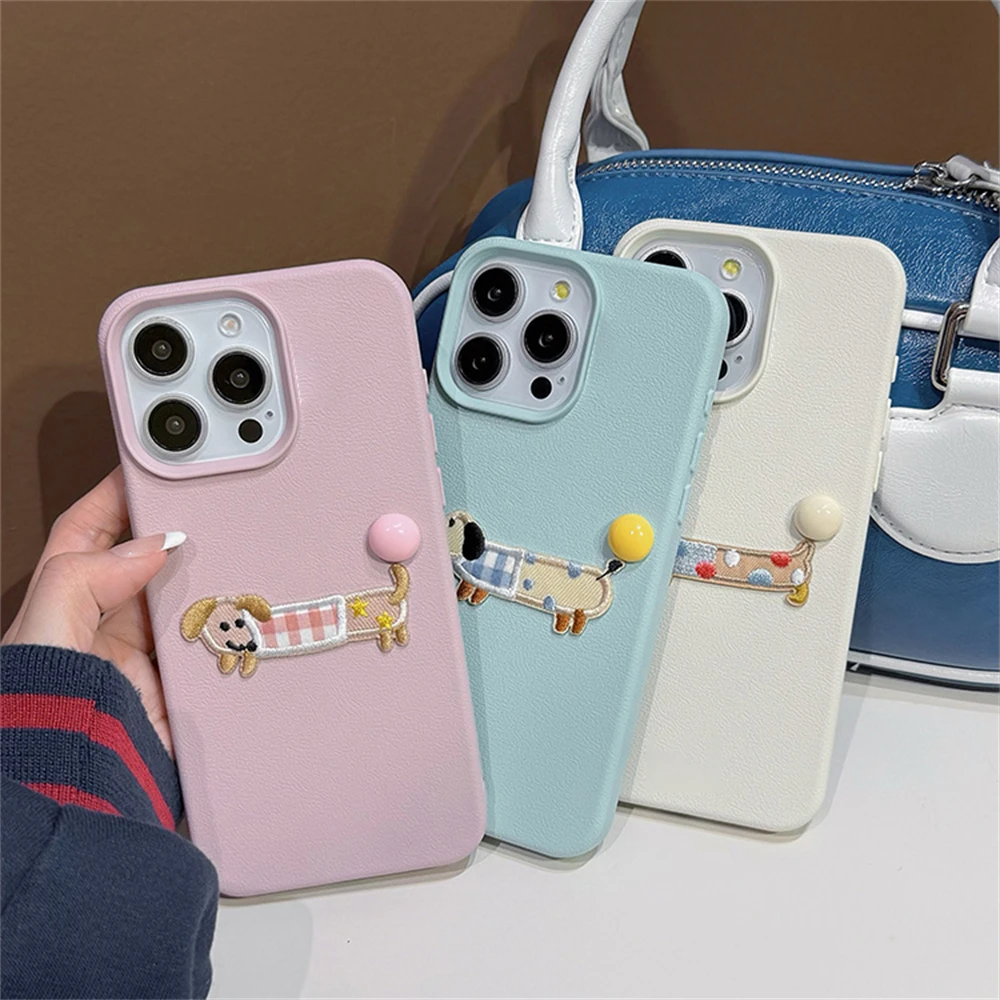 Étui en cuir à motif de boule de chiot de dinosaure brodé en 3D coréen mignon pour iPhone 15 Pro Max 14 Pro 13 12 11 couverture souple de dessin animé_voghion.com