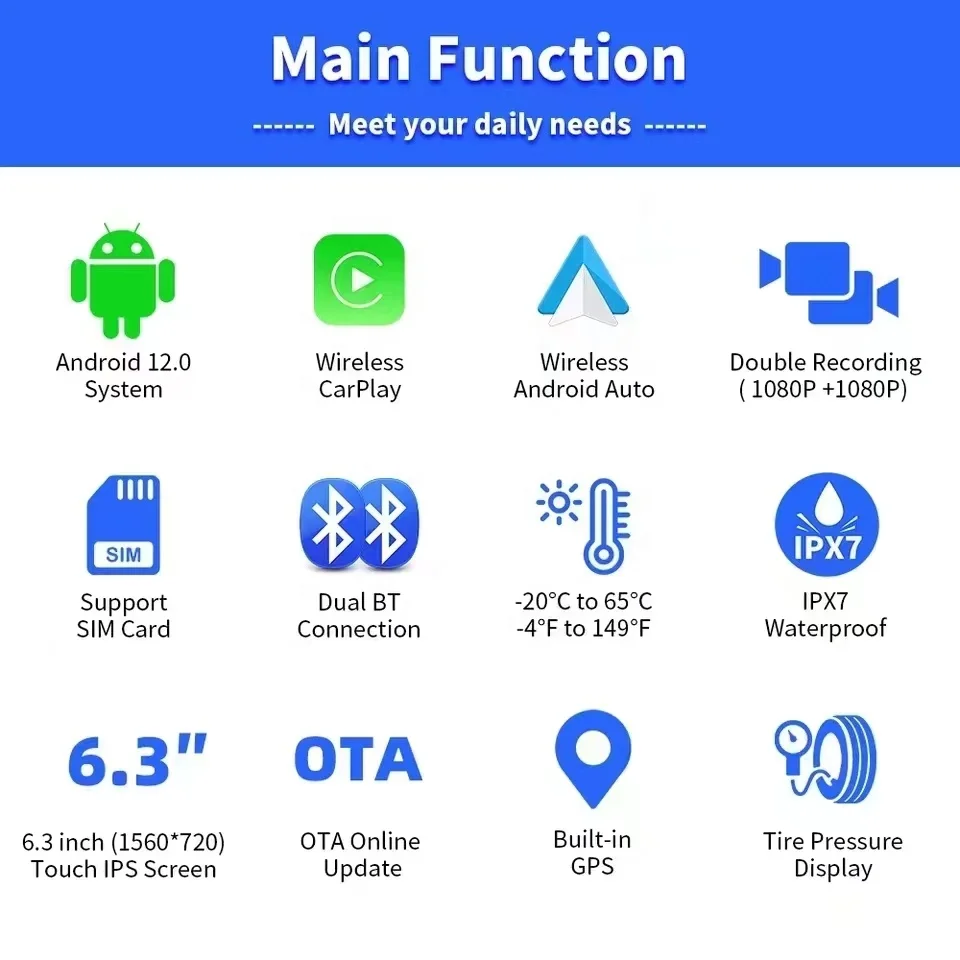 6.3인치 방수 카플레이 및 안드로이드 오토 내비게이션 BT 무선 새 상품 오토바이 및 자동차용 GPS