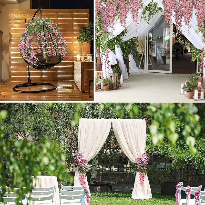 Artificial Flowers 12pcs Wisteria Vine Wreath Wedding Arch Decoration Leaf Rattan Trailing Silk Flower Ivy Wall Decor Plants