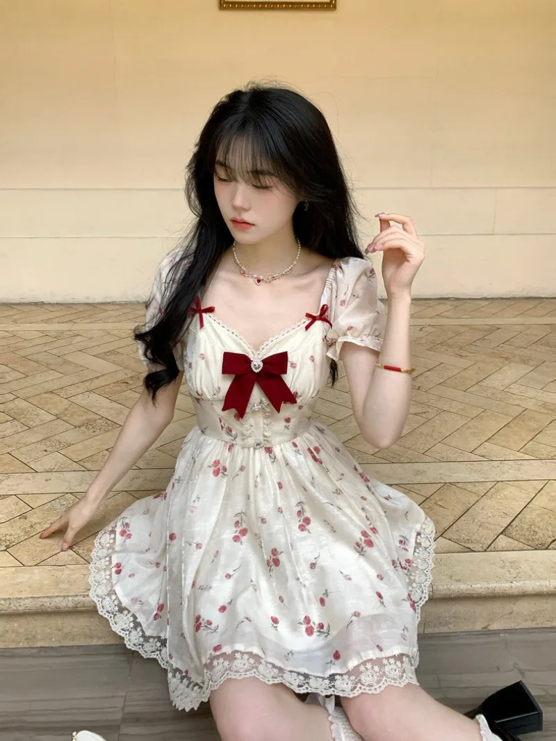 فستان أميرات نسائي بالأزهار فستان بفيونكة حمراء دا...