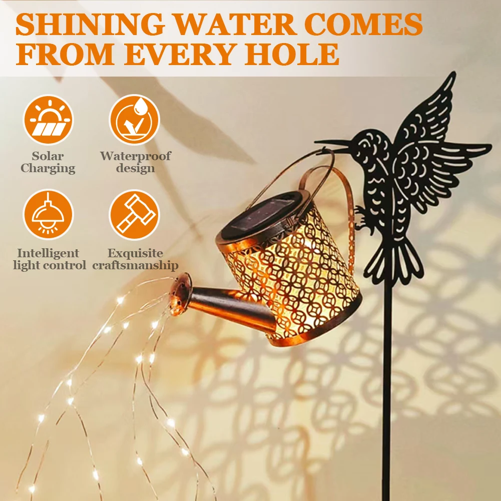 Solar Watering Can Light Metal Hanging Lantern Hummingbird Watering Can Light Garden Stake Light for Garden Yard Balcony