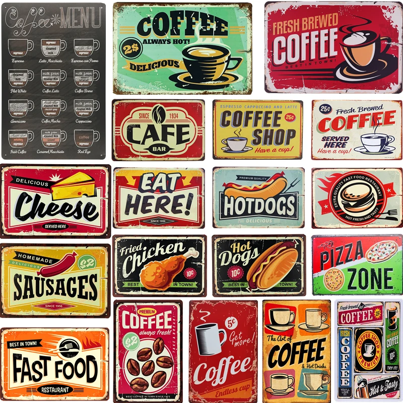 

Shabby Chic Fast Food Coffee Menu Vintage Tin Metal Signs Plaque Hot Dog for Diner Restaurant Cafe Shop Kitchen Home Wall Decor