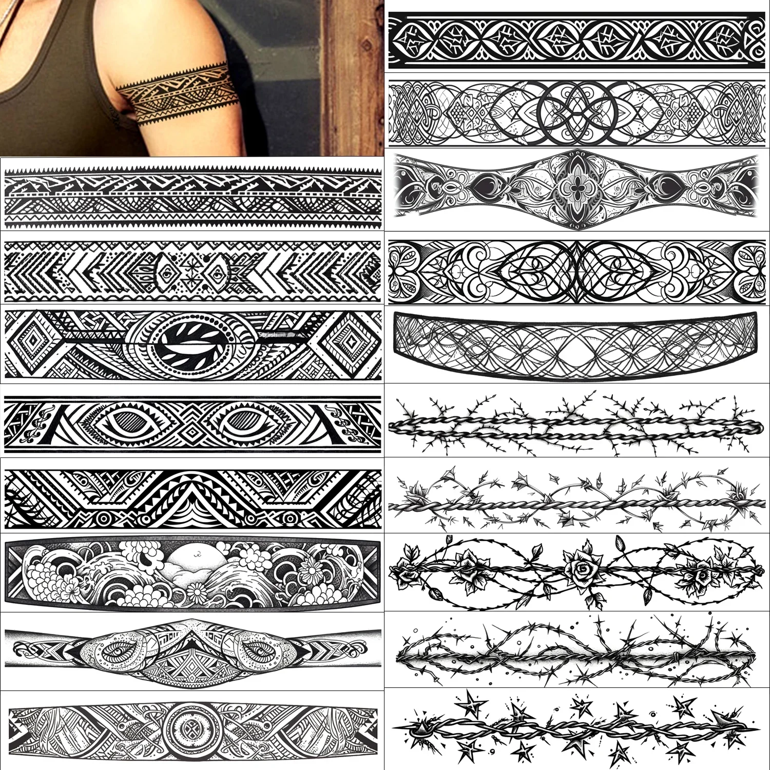 GLARYYEARS Arm Band Temporary Tattoo - 18x Super Long, Polynesian Maori Tribal Fake Tattoos for Wrist, Ankle Circle, Barbed Wire