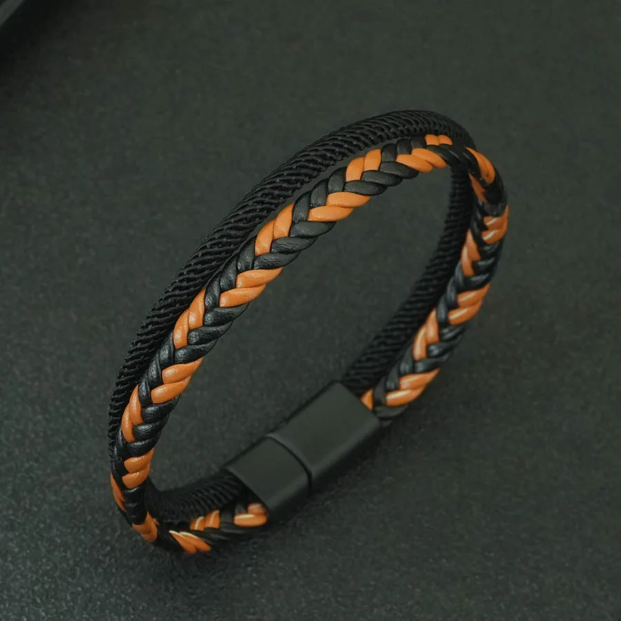 Men's Braided Leather Double-Layer Bracelet with Magnetic Clasp - Outdoor Sport Style Punk Cool Handmade Gift