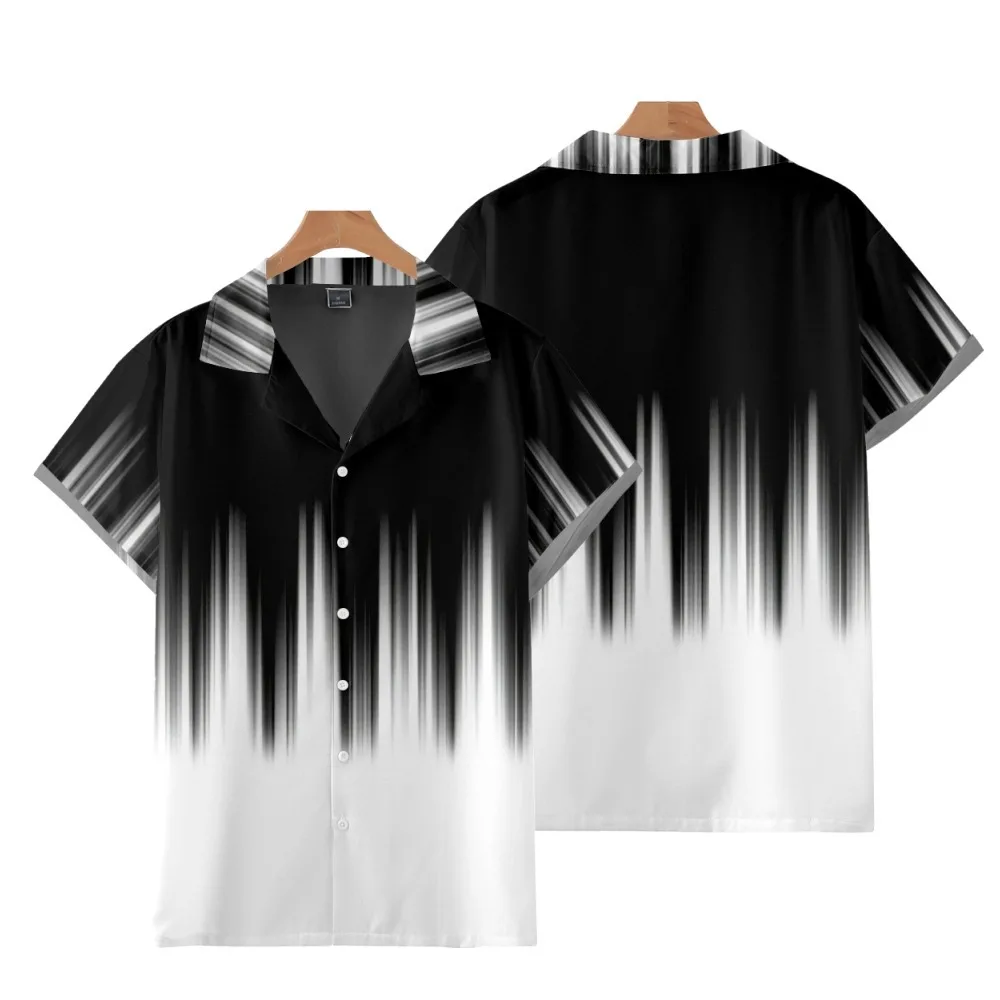 

Black White Gradient Striped Printed Casual Men Vintage Loose Beach Hawaiian Short Sleeve Cuban Collar Shirt Streetwear