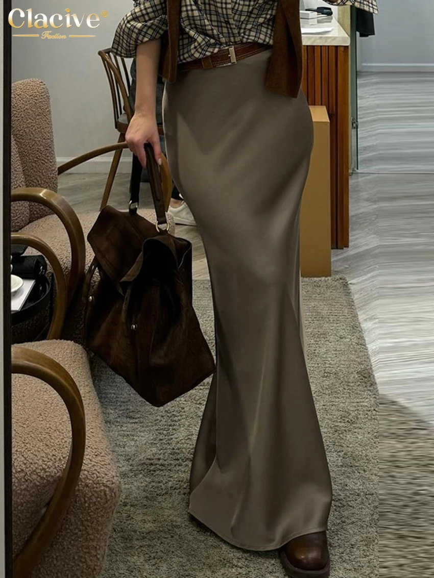 

Модные свободные коричневые атласные юбки Clacive для женщин, элегантная длинная юбка с высокой талией, повседневная классическая Однотонная юбка, женская одежда