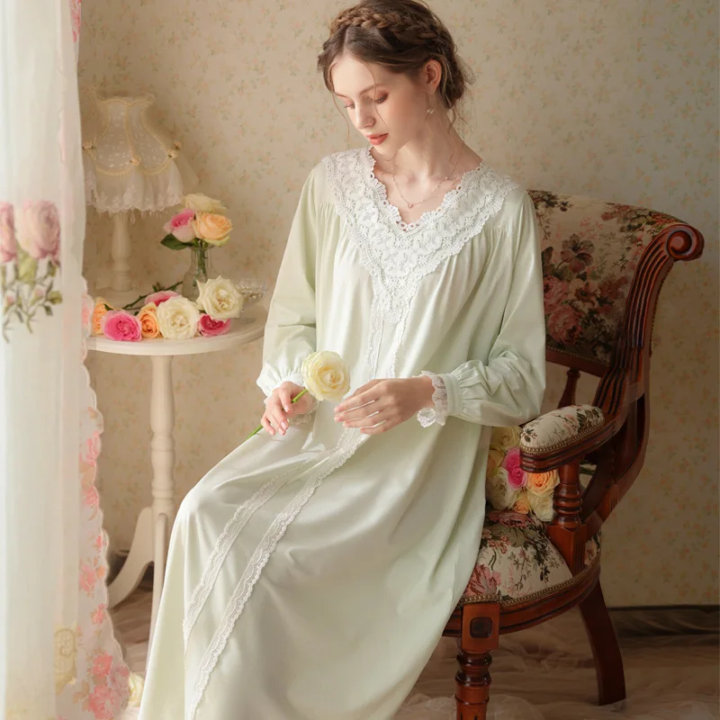 Long Sleeve Spring Princess Nightgown Vintage Palace Elegance Cotton, Loose Fit Plus Size Loungewear for Cozy Nights and Autumn
