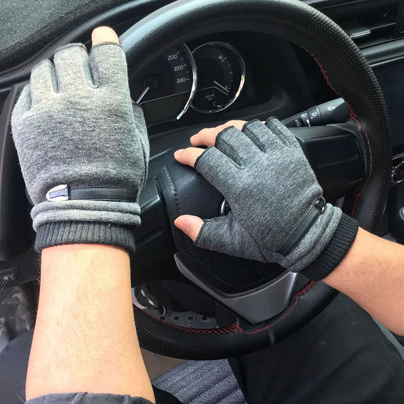 Winter Fleece Warm Gloves Men Half Finger Gloves Stretch Fingerless Mittens For Outdoor Cycling Driving Gloves mens winter cycling gloves