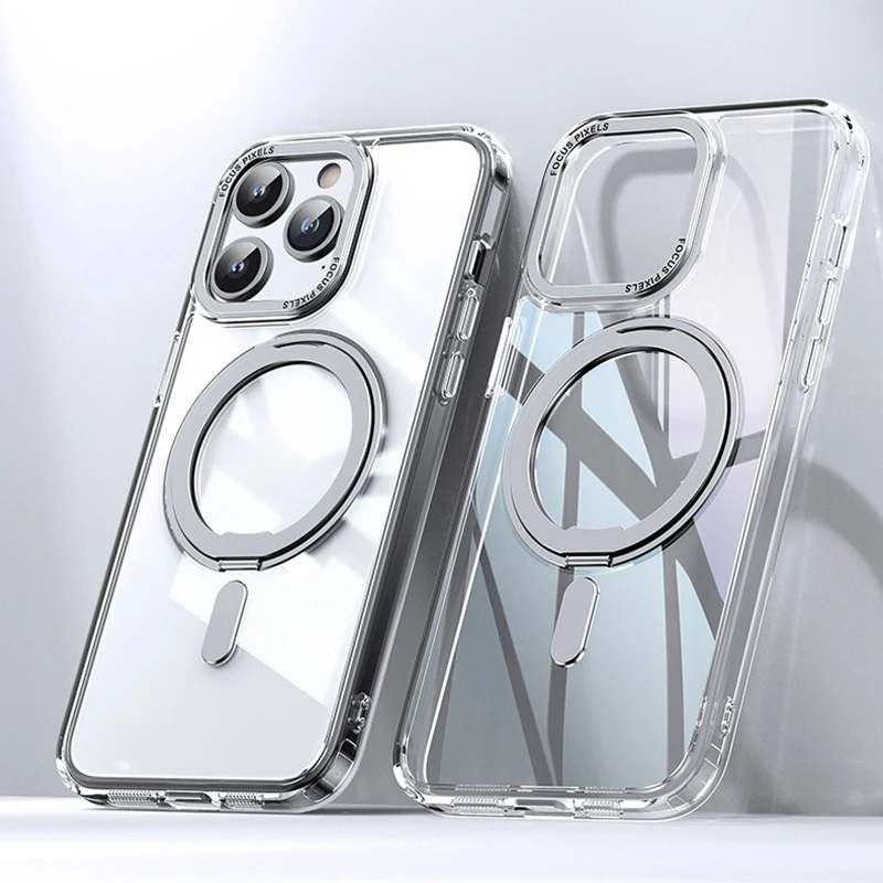 Magnetic 360° Rotation Stand Phone Case with Ring Holder - Frosted Transparent Matte Finish