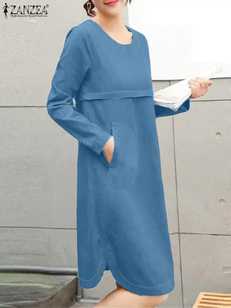 

ZANZEA Women Denim Midi Dress With Pockets Long Dress Vintage Long Sleeve Fashion Crewneck Split Hem Robe Casual Loose Vestidos