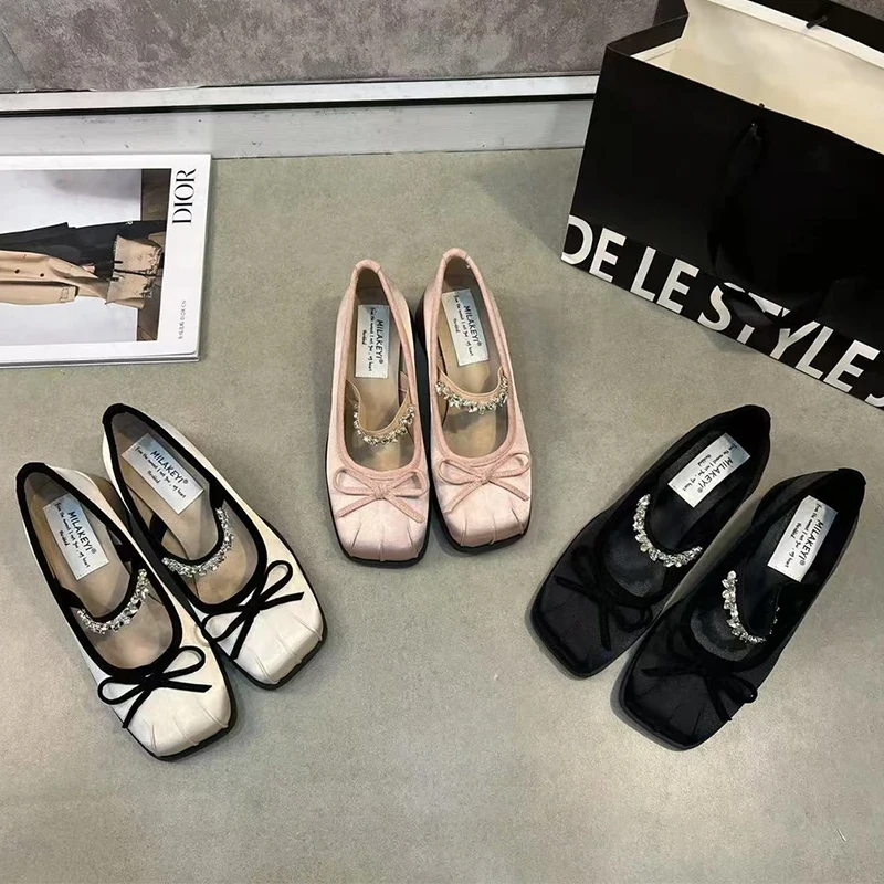 Crystal Bow Mary Jane Shoes Mid Heels Women Chunky Shoes 2025 Elegant Shallow Spring Pumps Shoes Dress Trend De Party Zapatillas 4