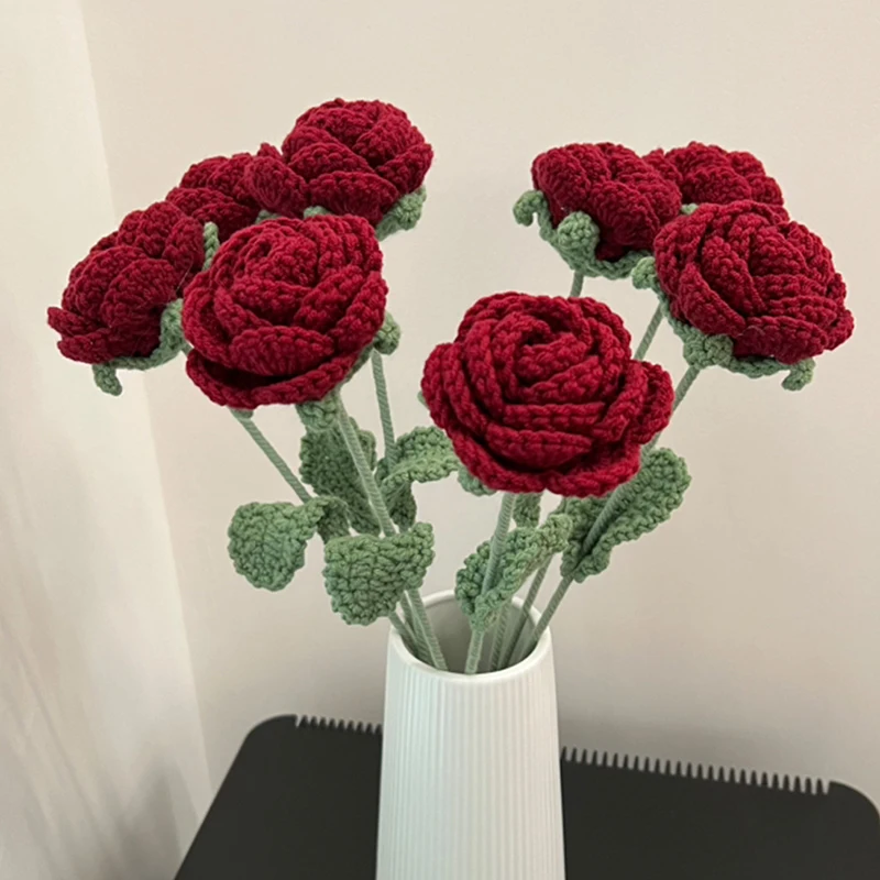 수제 뜨게 크로셰 꽃, 수제 장미 꽃, 웨딩 부케, 발렌타인 데이 파티 홈 데코, 가짜 꽃
