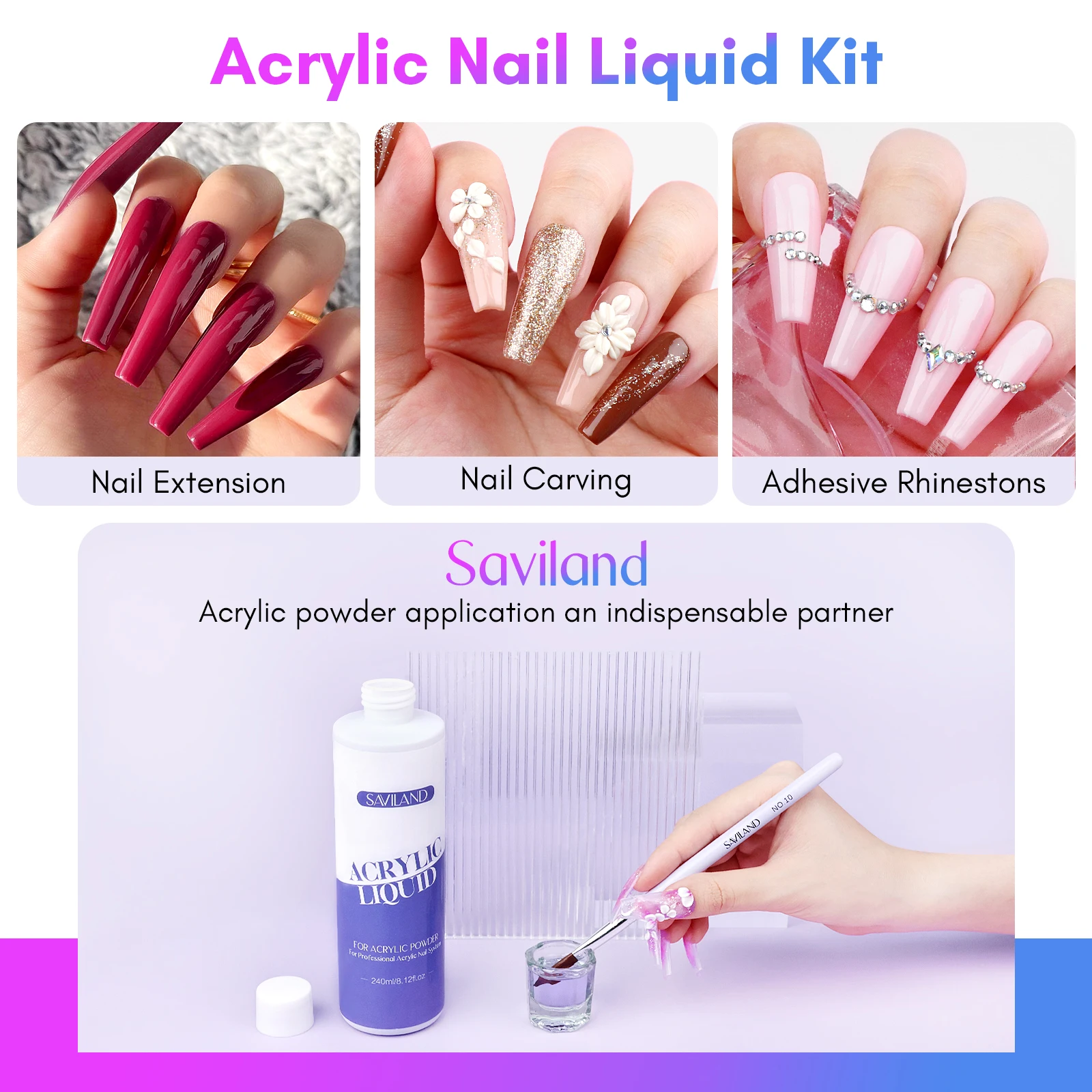 Saviland 240ml Monomer Acrylic Nail Liquid with 3pcs Acrylic Brushes Size 8/10/14 for Acrylic Powder Nails Extension Salon DIY 2