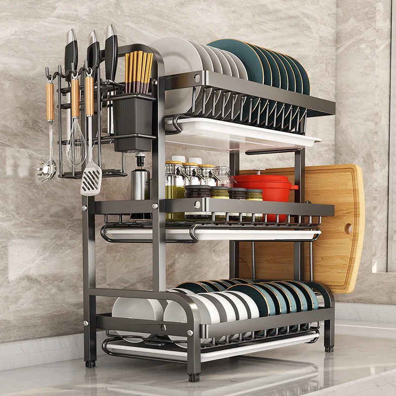 2/3-Tier Carbon Steel Dish Rack with Utensil Holder Compact Rustproof Kitchen dishes dryer Countertop Organizer & Drying Drainer 1