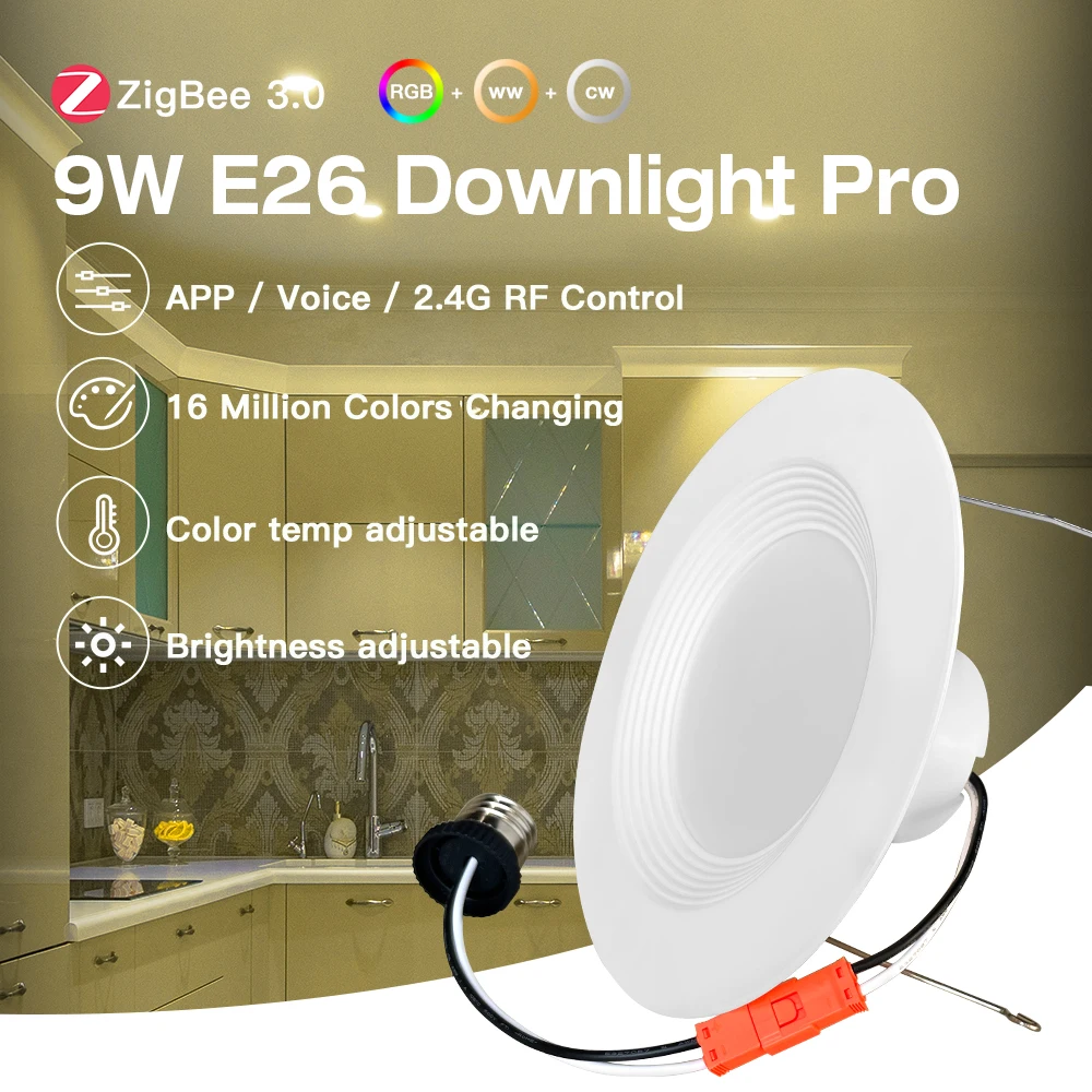 

Gledopto 9W ZigBee3.0 RGBCCT светодиодный Downlight E26 US типа светильник цвет 2200 ~ 6500K внутренняя умная жизнь Tuya Homey Alexa App Voice RF