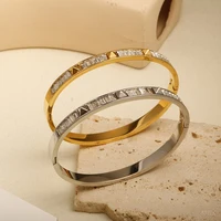 JOVO LOVE Triangle Crystal Bangle Stainless Steel Gold Color Waterproof Wide Cuff Bracelet For Women Jewelry Accessories 2
