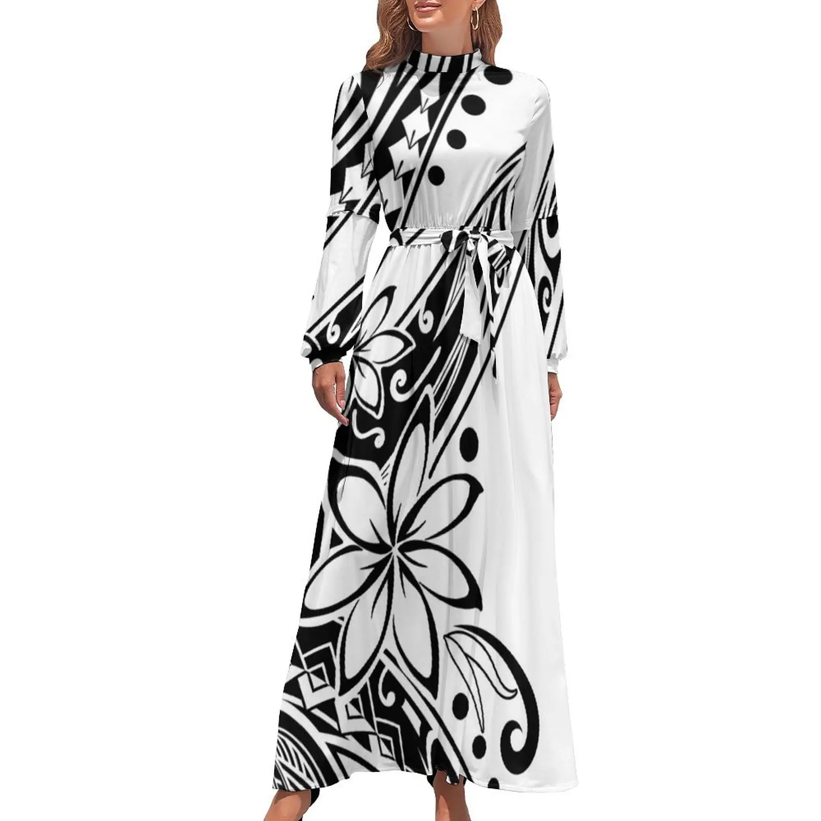 thumbnail image 1 of Vestido largo tribal blanco y negro polinesio, tendencia de ropa de mujer 2024, vestido de verano 2024 para mujer, 1 of 5