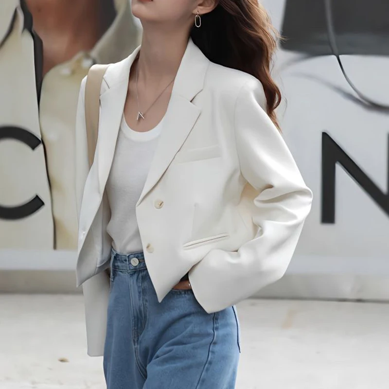 Fashion Design Cropped Suit Jacket Women 2025 Autumn Long Sleeve Korean Blazers Woman Solid Color Single-Breasted Office Coat