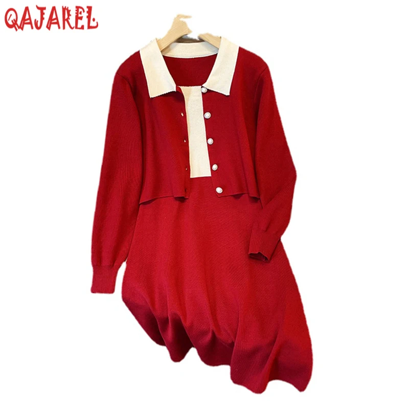 

2024 Red Knitted Cotton Thick Warm Pullovers Autumn Winter Elegant Bodycon Coat Sweaters Women Korean Vintage Sweater Dresses